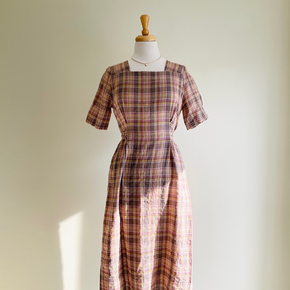 OAK + FORT Mauve and Tan Plaid Square-Neck Midi Dress